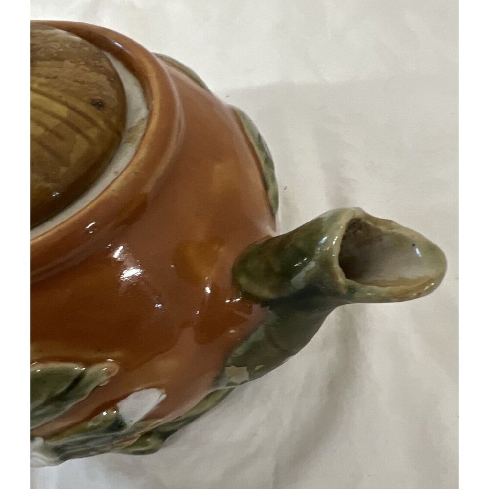 Teapot Mushroom Lid White Flowers Pottery Majolica Brown - Picture 6 of 11